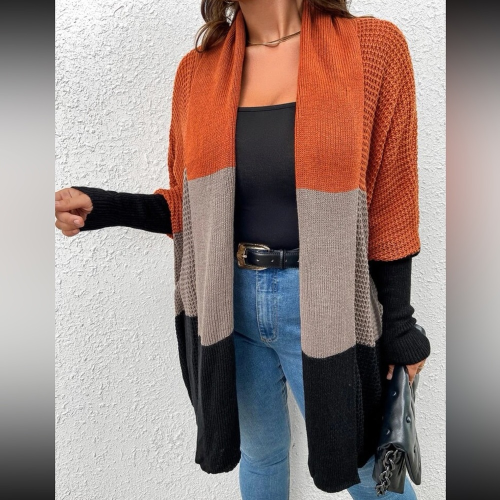 Plus Size Comfy Color block Batwing Open Front Shawl Sweater Cardigan - Picture 5 of 6